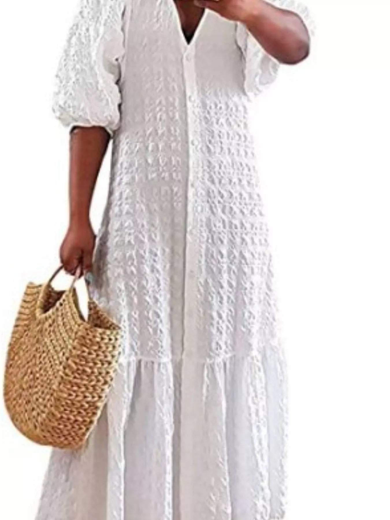 Full Size Elegant Puff Sleeve Textured Maxi Dress Plus Size Secondary image