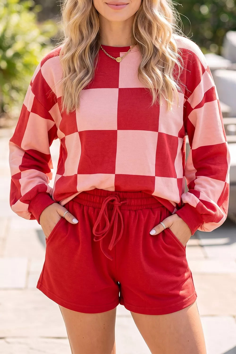 Checkerboard Top and Drawstring Shorts Cozy Set Secondary image