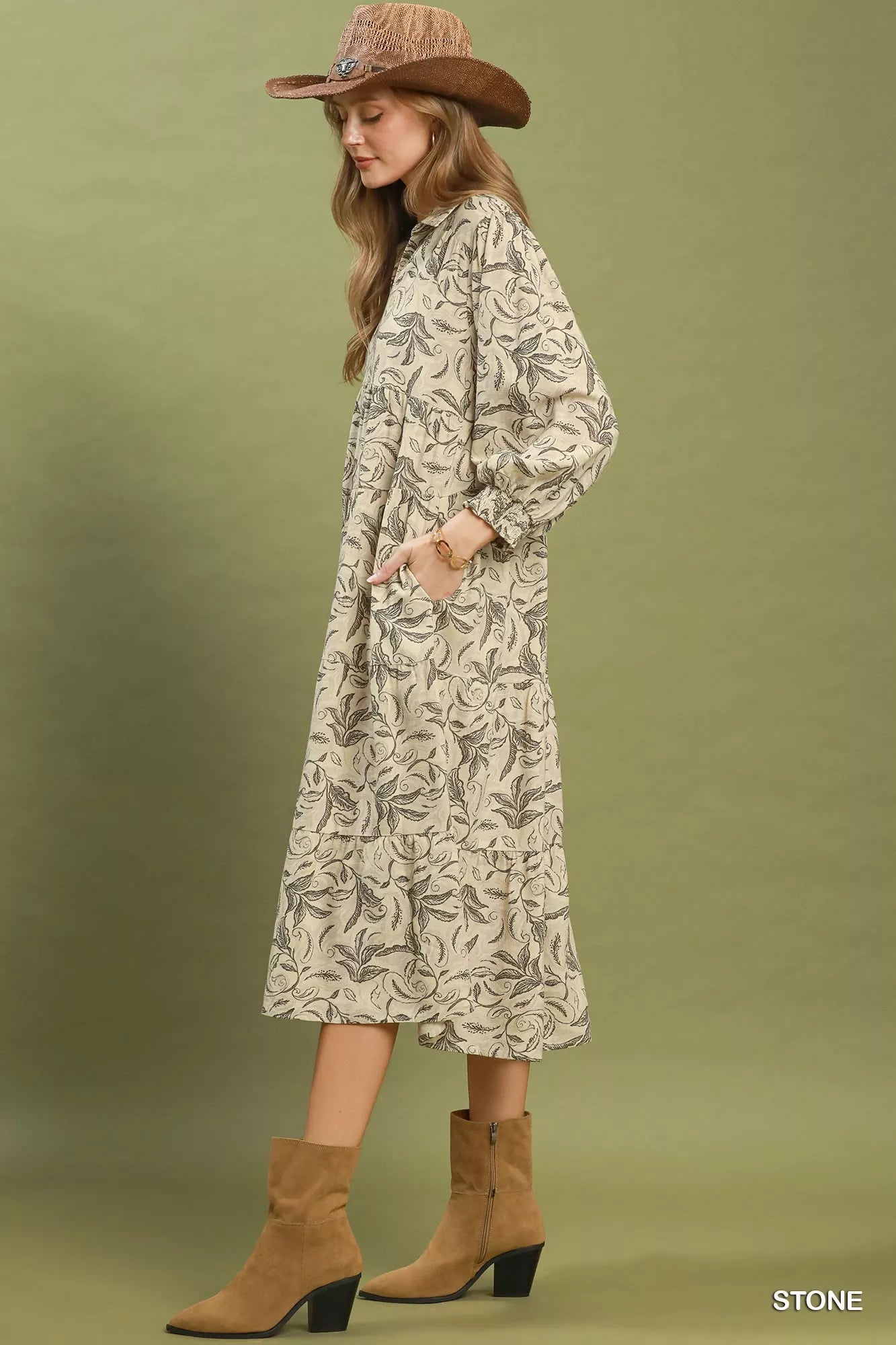 Umgee Linen Botanical Print Tiered Midi Dress Secondary image