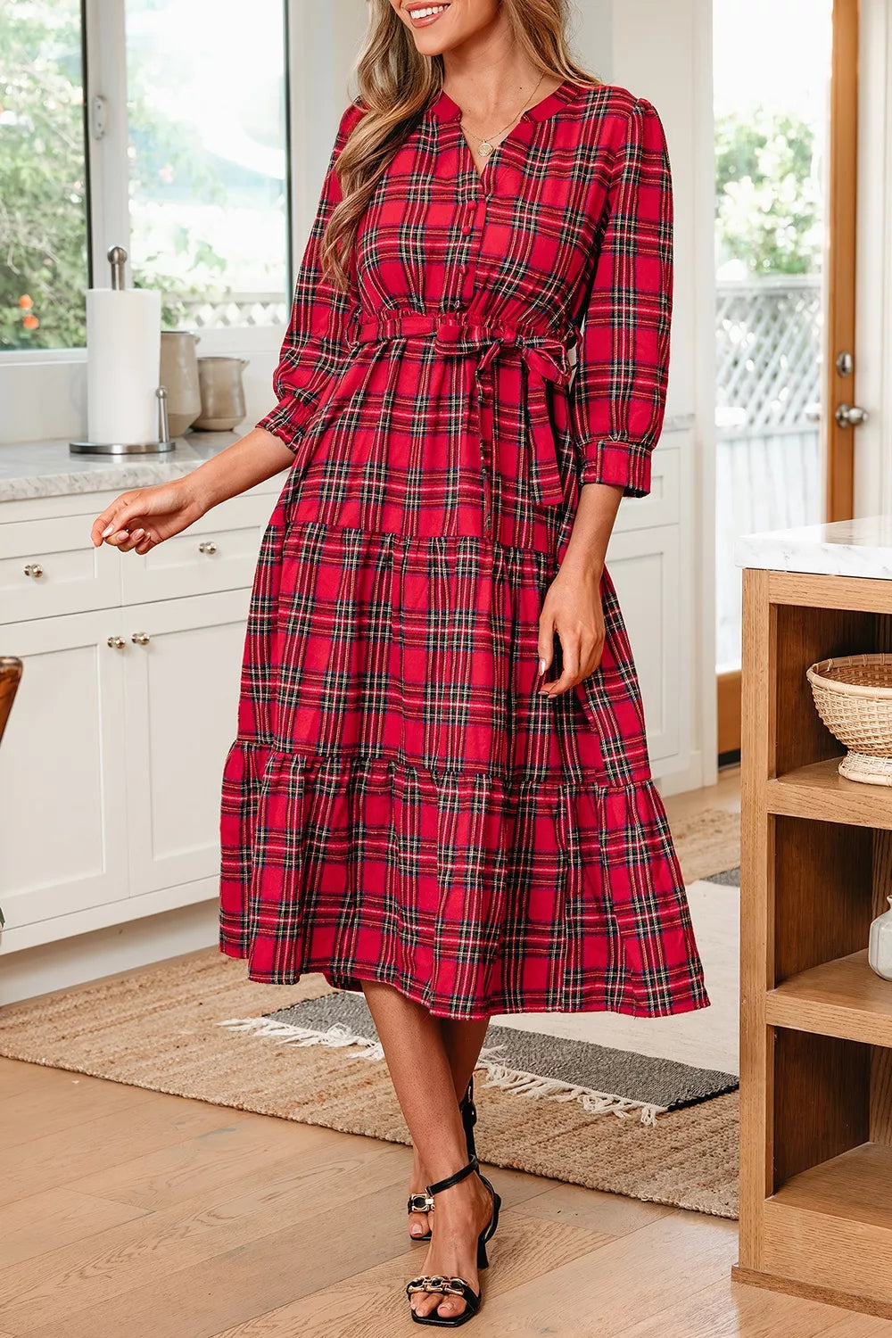 Christmas Plaid V Neck 3/4 Sleeve Tie Waist Ruffle Hem Midi Dress Secondary image