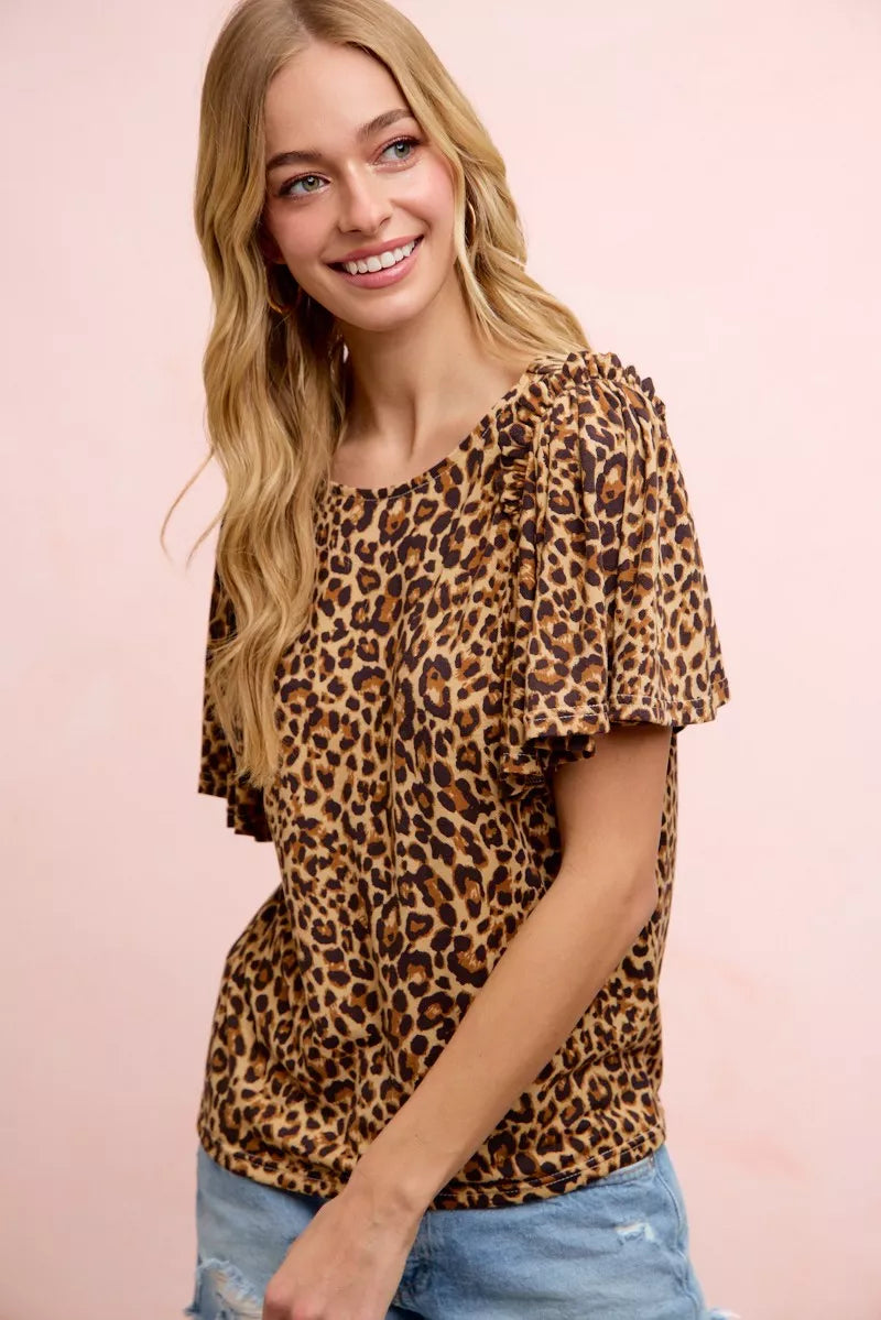 BiBi Leopard Printed Spandex Jersey Ruffle Sleeve Top Secondary image