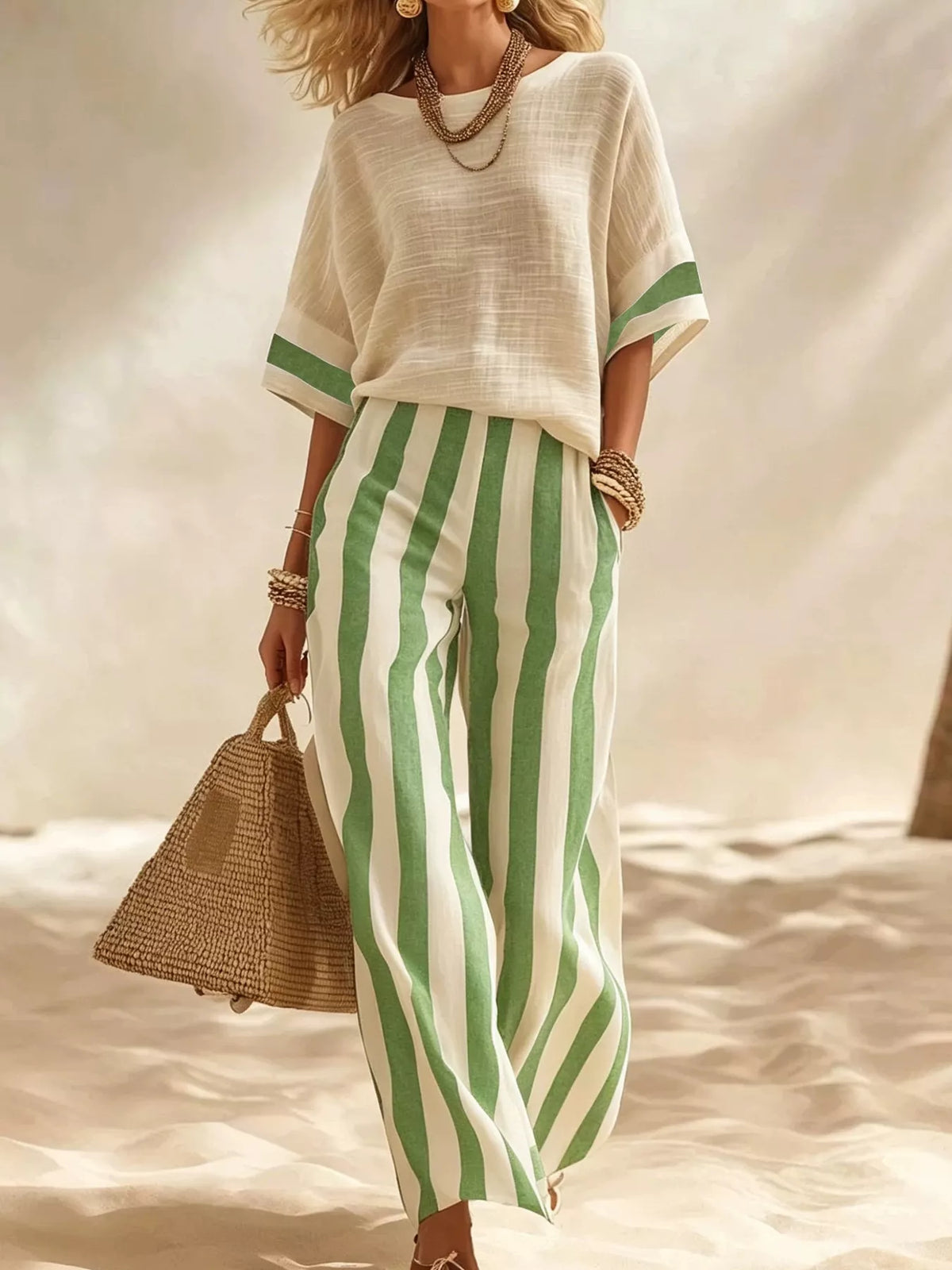 Full Size Striped Half Sleeve Top and Pants Set Plus Size - photo 10
