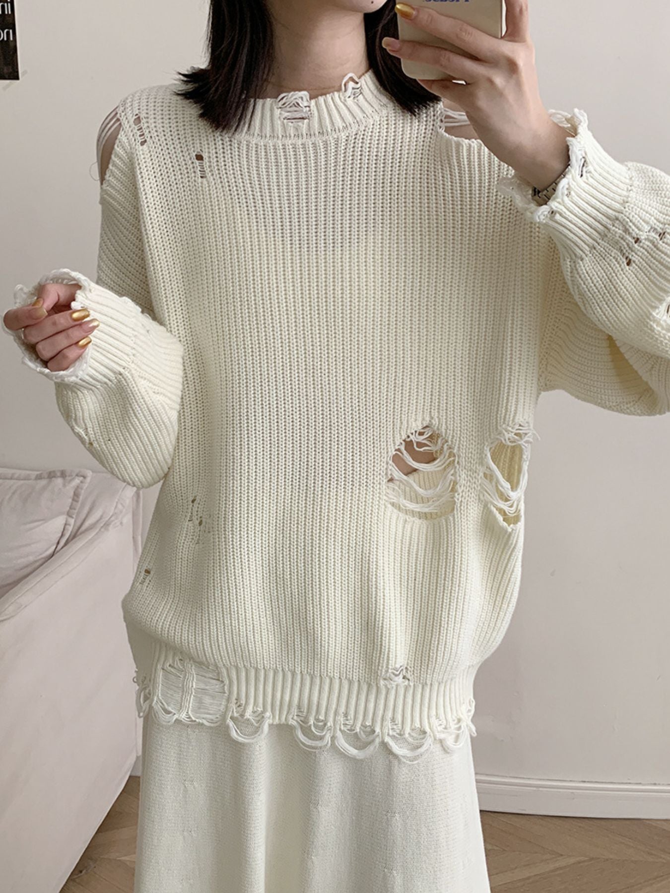 Distressed Long Sleeve Sweater and Skirt Set Secondary image