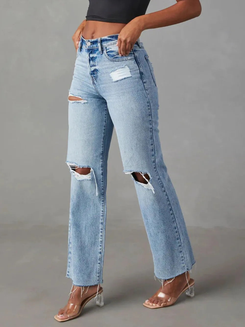 Distressed Straight Leg Jeans with Pockets Secondary image