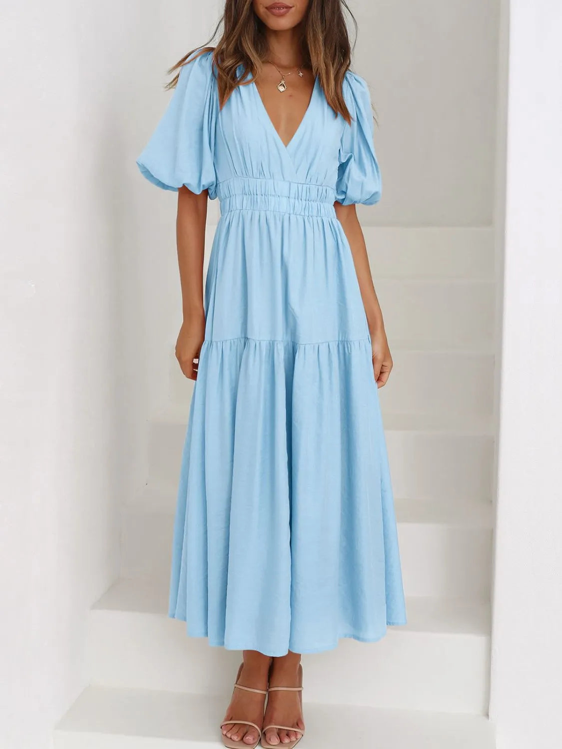 V-Neck Puff Sleeve Midi Dress Secondary image