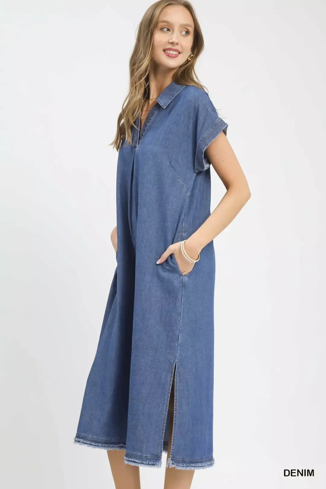 Umgee Stone Washed Collared Denim Midi Dress Secondary image