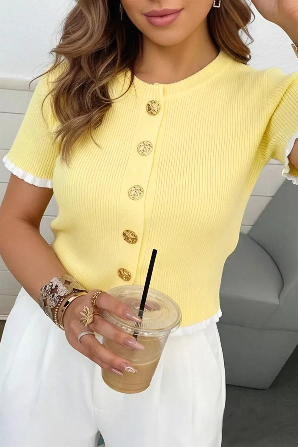 Ribbed Knit Contrast Frilled Short Sleeve Sweater Cardigan Secondary image