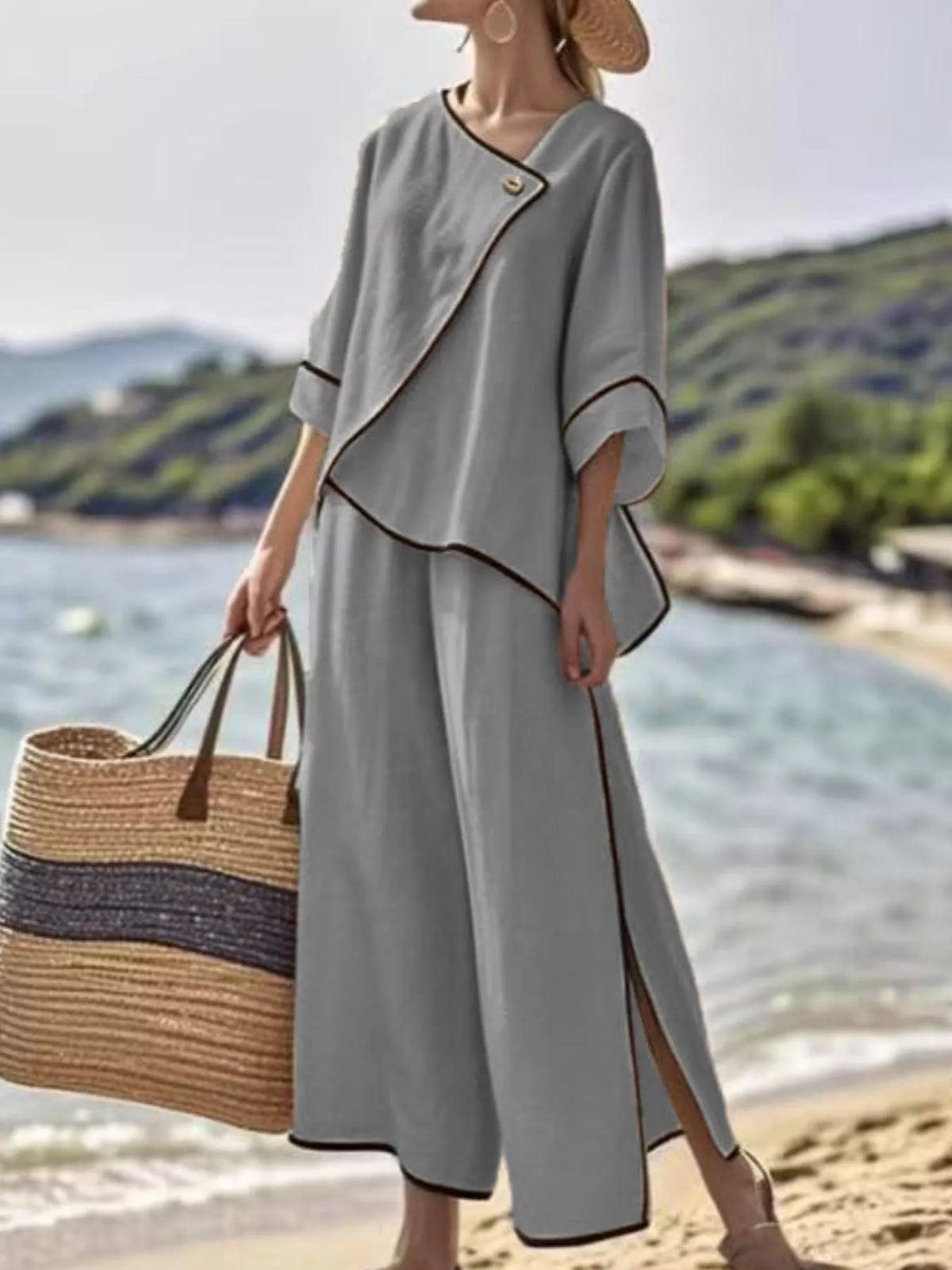 Full Size Contrast Trim Top and Wide Leg Pants Set Plus Size – Khaki / Grey - photo 4
