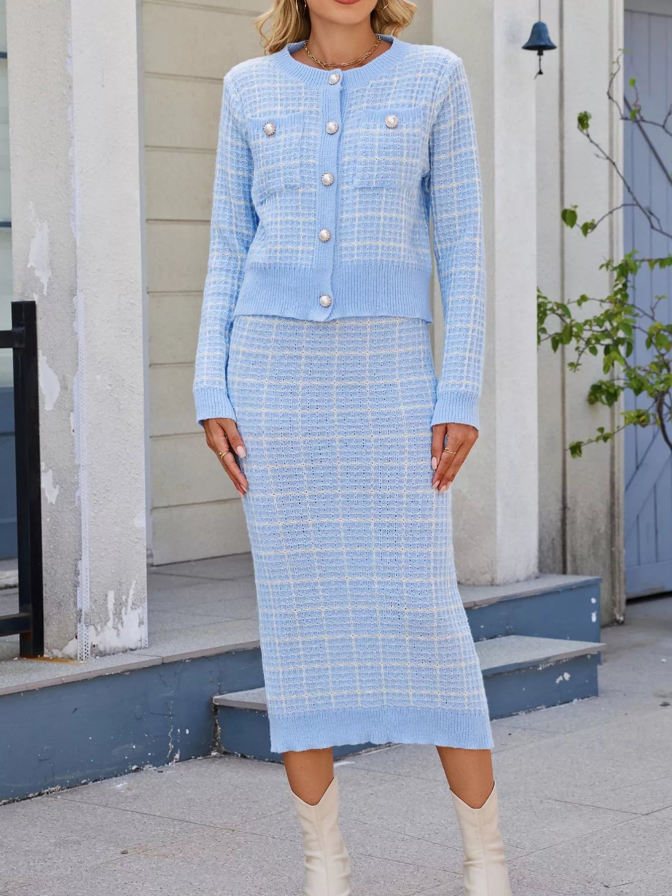 Plaid Knit Cardigan and Midi Skirt Sweater Set Secondary image
