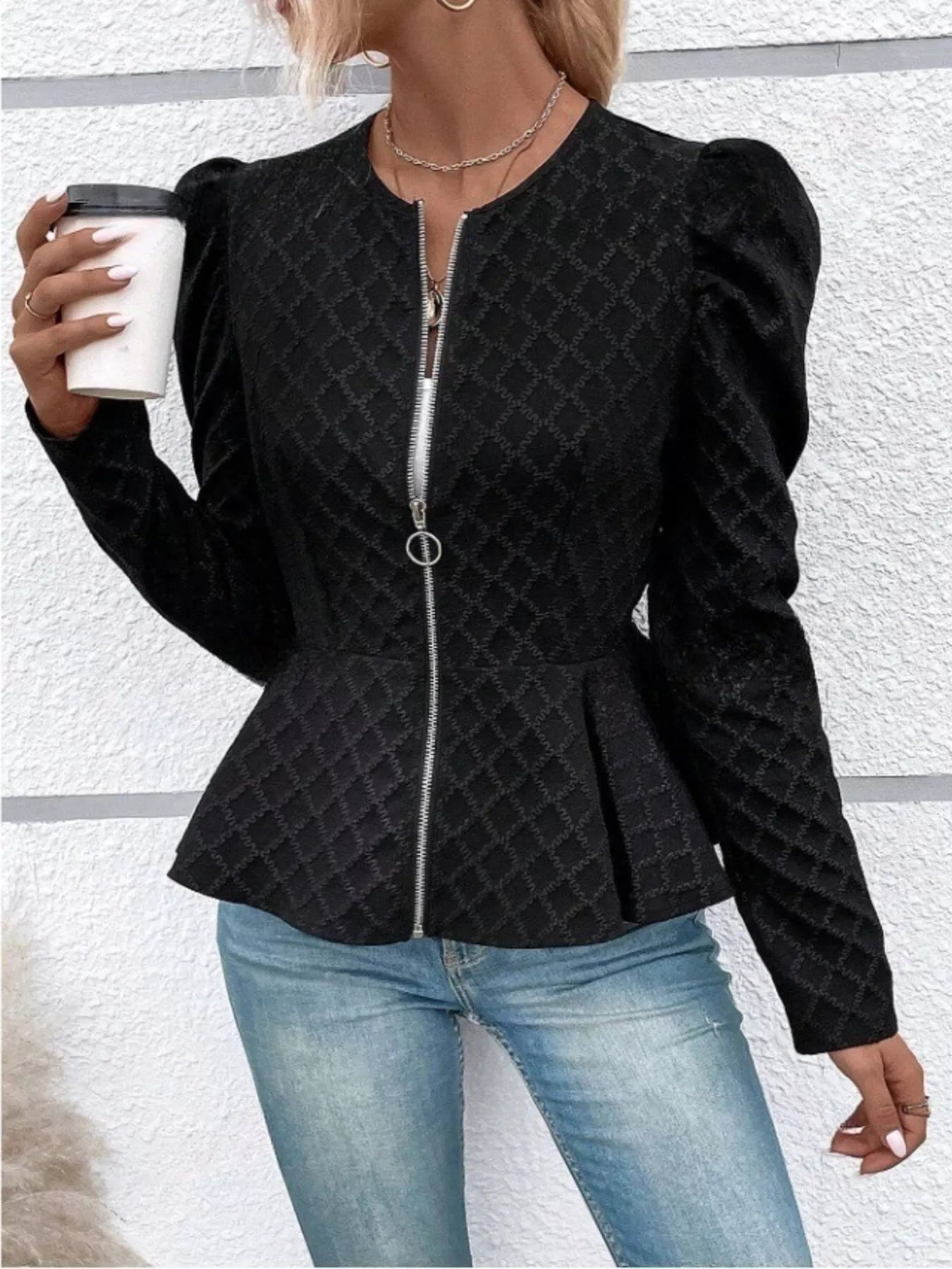 Puff Sleeve Textured Jacquard Jacket Secondary image
