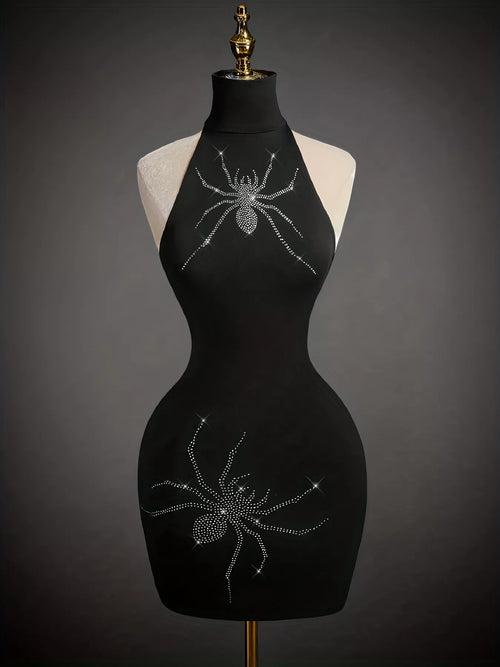 Rhinestone Spider Halter Neck Bodycon Dress