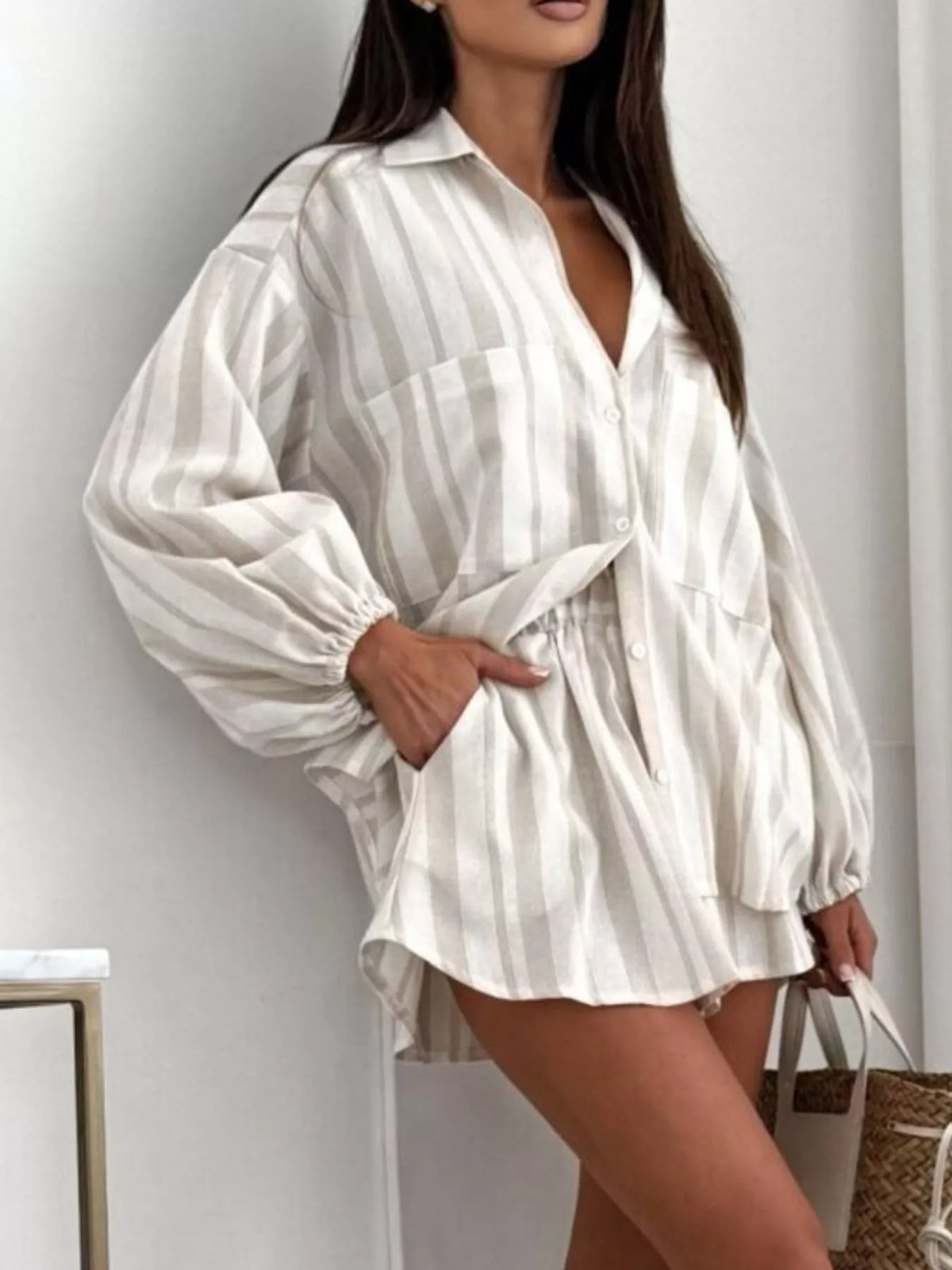 Long Sleeve Shirt and High-Waisted Shorts Set - photo 22
