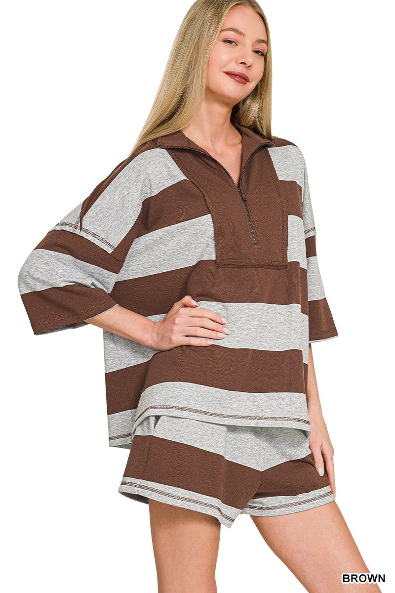 Zenana Frenchterry Striped Half Zip Top & Shorts Set Secondary image