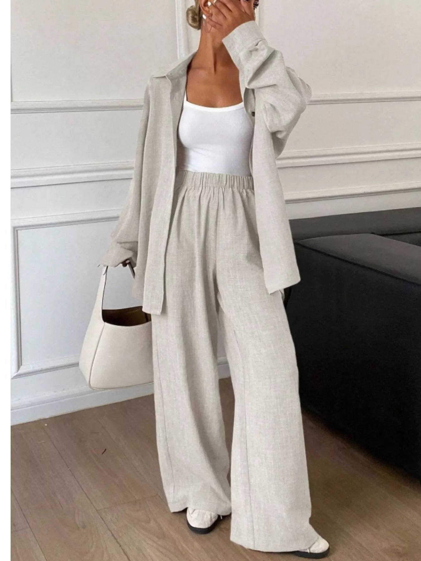 Button Up Long Sleeve Shirt and Wide Leg Pants Set Secondary image