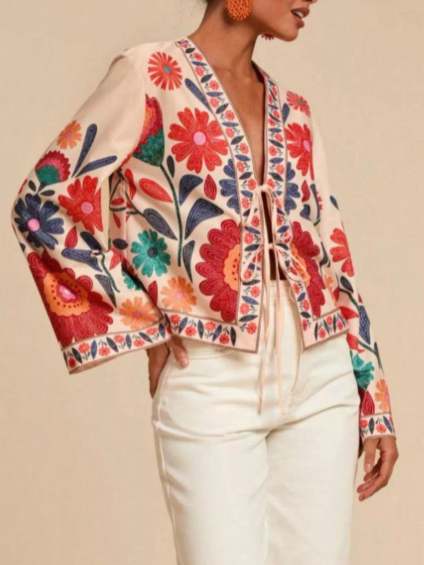 Floral Embroidered Tie-Front Shirt Secondary image