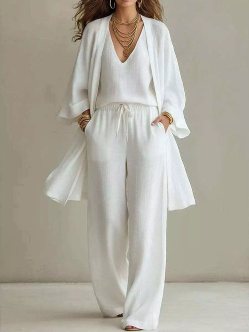 V-Neck Top & Cardigan & Pants Three-Piece Set