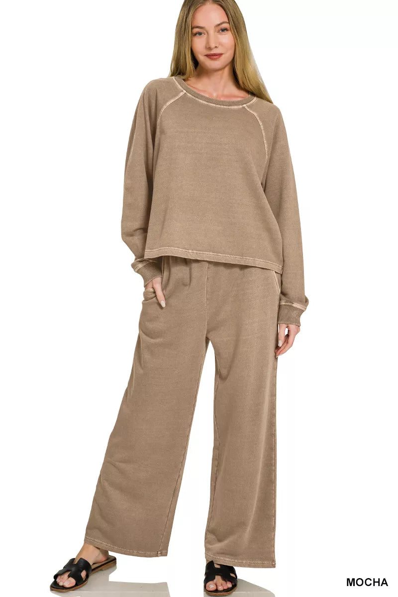 Zenana Washed F/terry Round Neck Pullover & Pants Set Secondary image