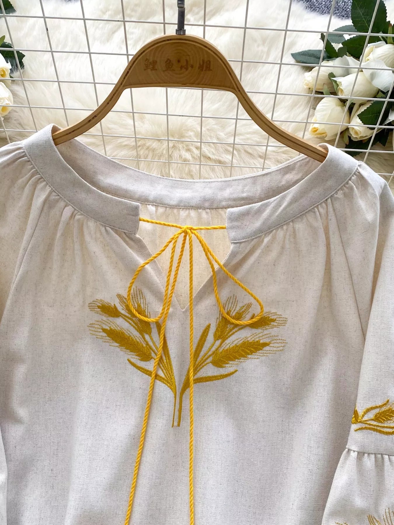Embroidered Wheat Pattern Tie Neck Blouse Secondary image