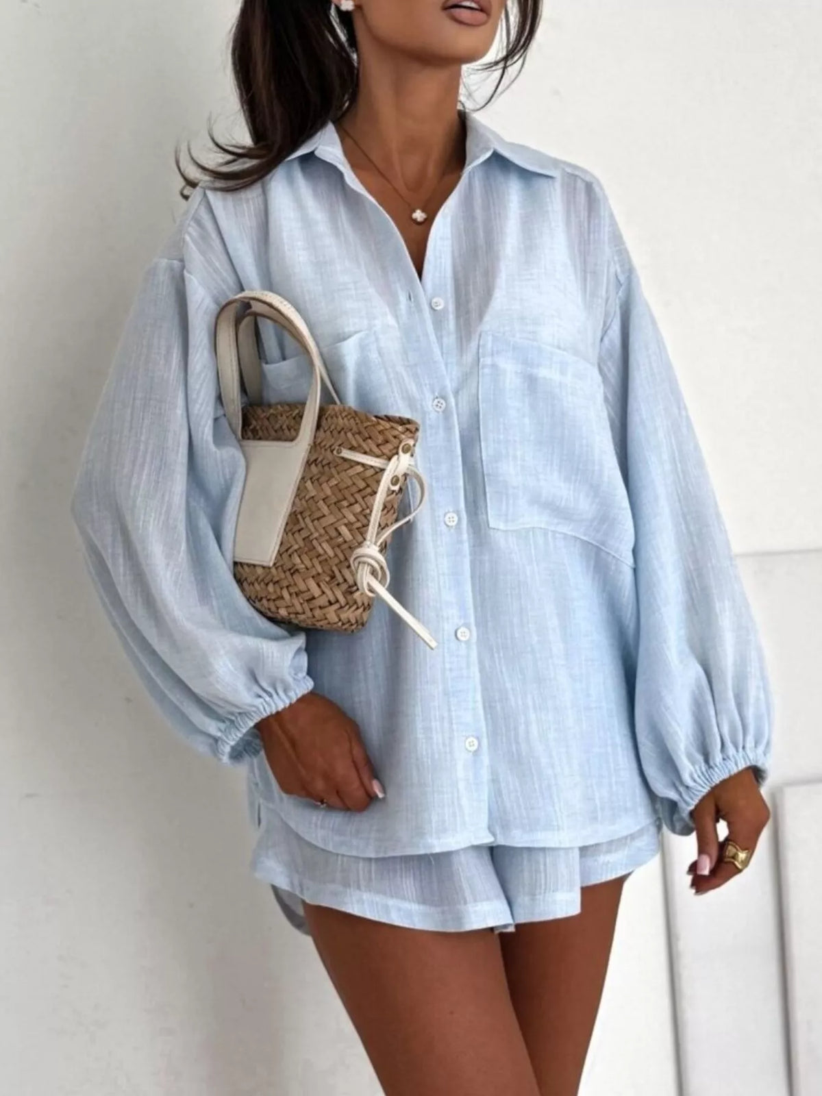 Long Sleeve Shirt and High-Waisted Shorts Set - photo 3