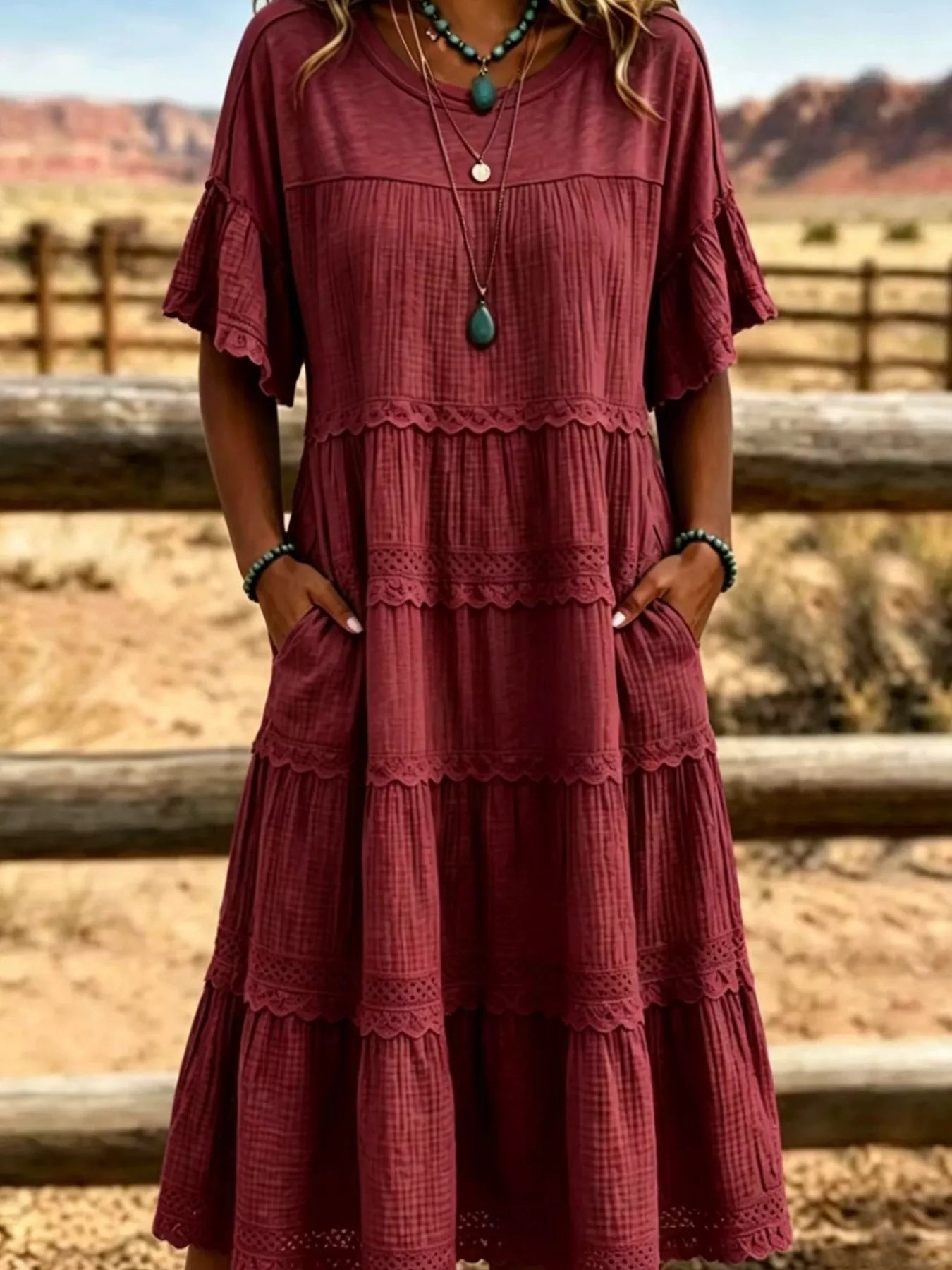 Full Size Tiered Ruffle Sleeve Midi Dress with Pockets Plus Size Secondary image