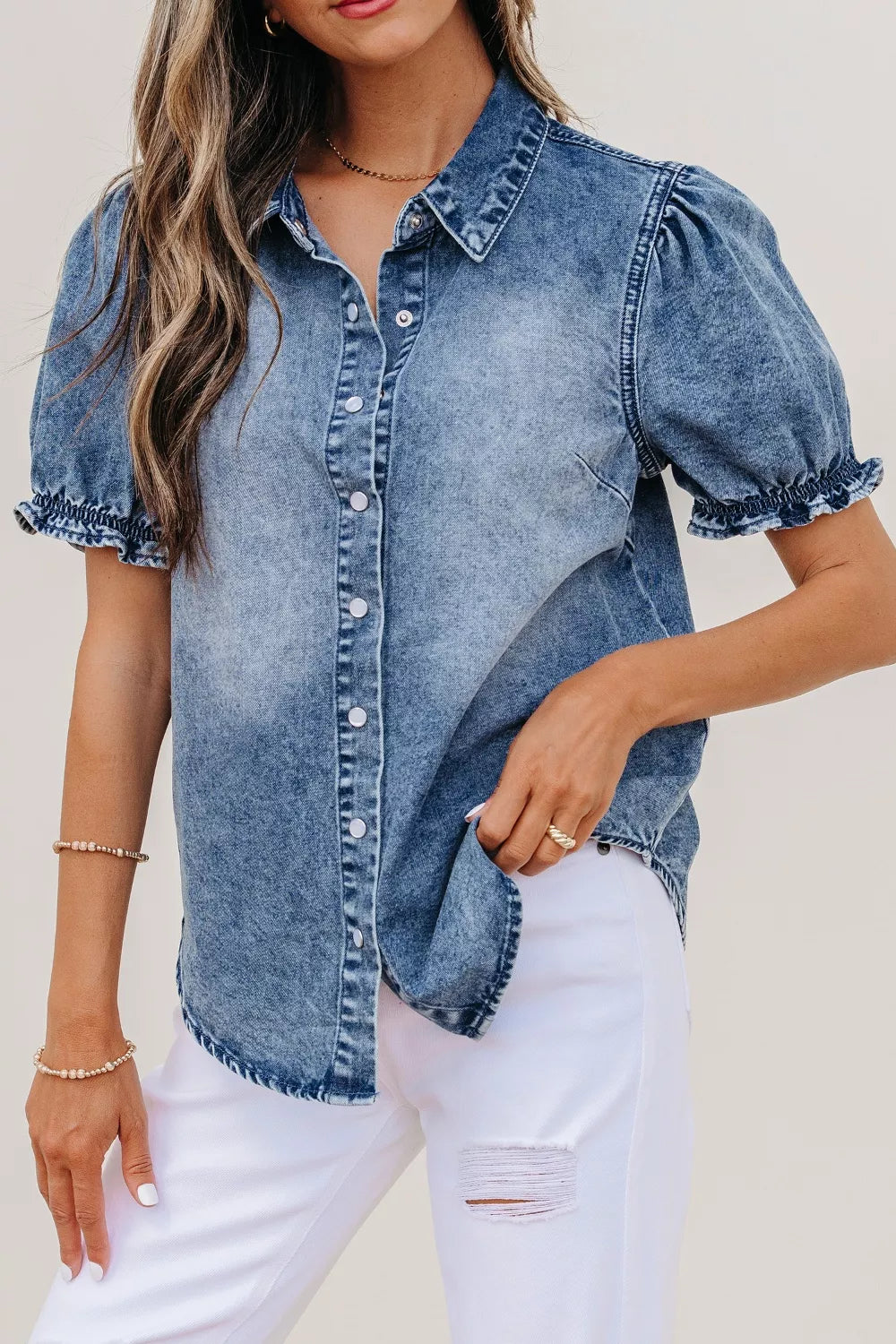 Frilled Short Sleeve Snap Button Denim Shirt Secondary image