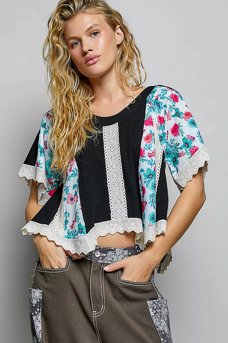 POL Round Neck Ribbed Cropped Top with Lace Detail Secondary image
