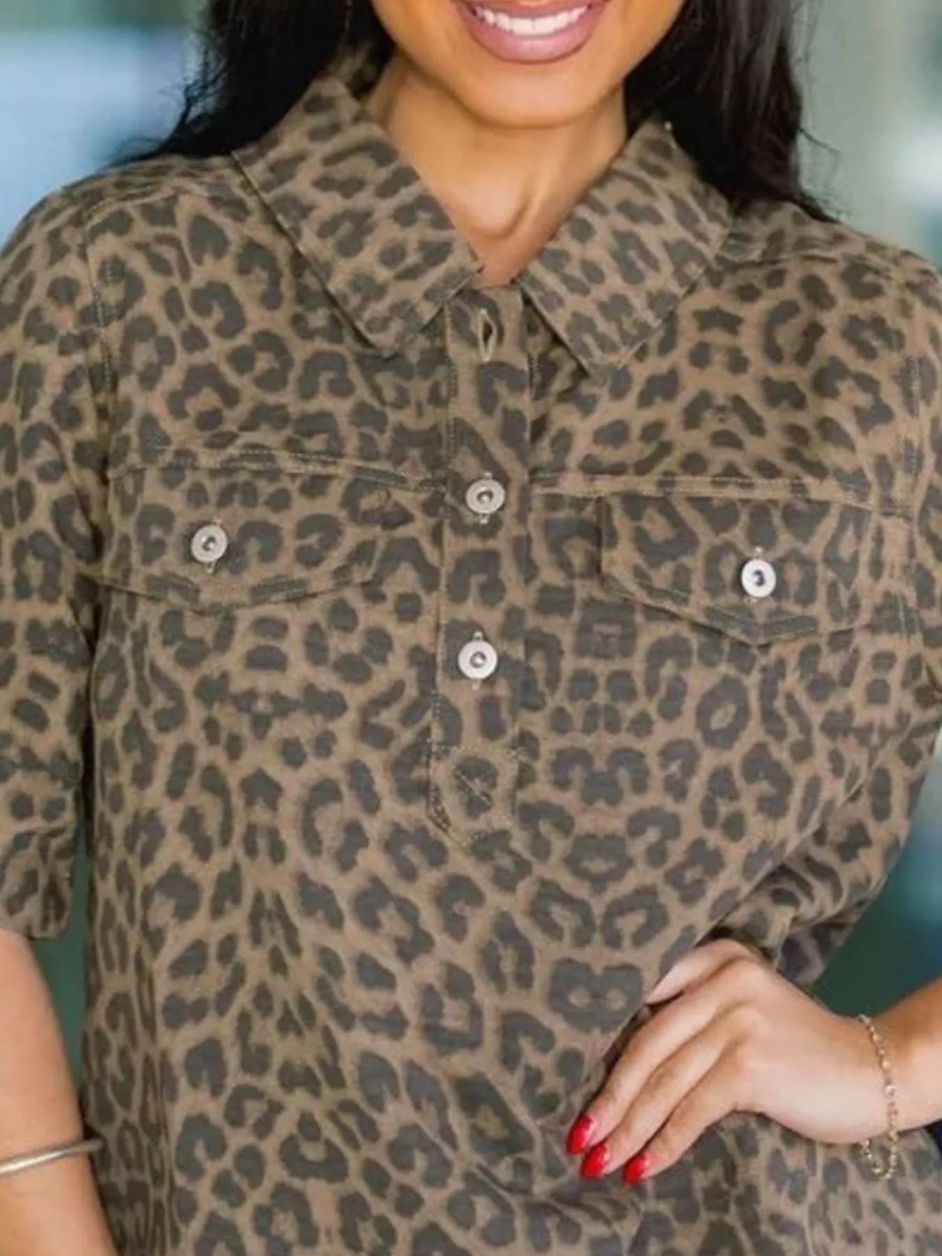 Leopard Print Short Sleeve Denim Dress Secondary image