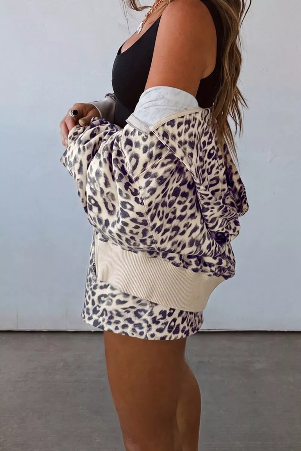 Leopard Print Zip-Up Hoodie and Shorts Set Secondary image