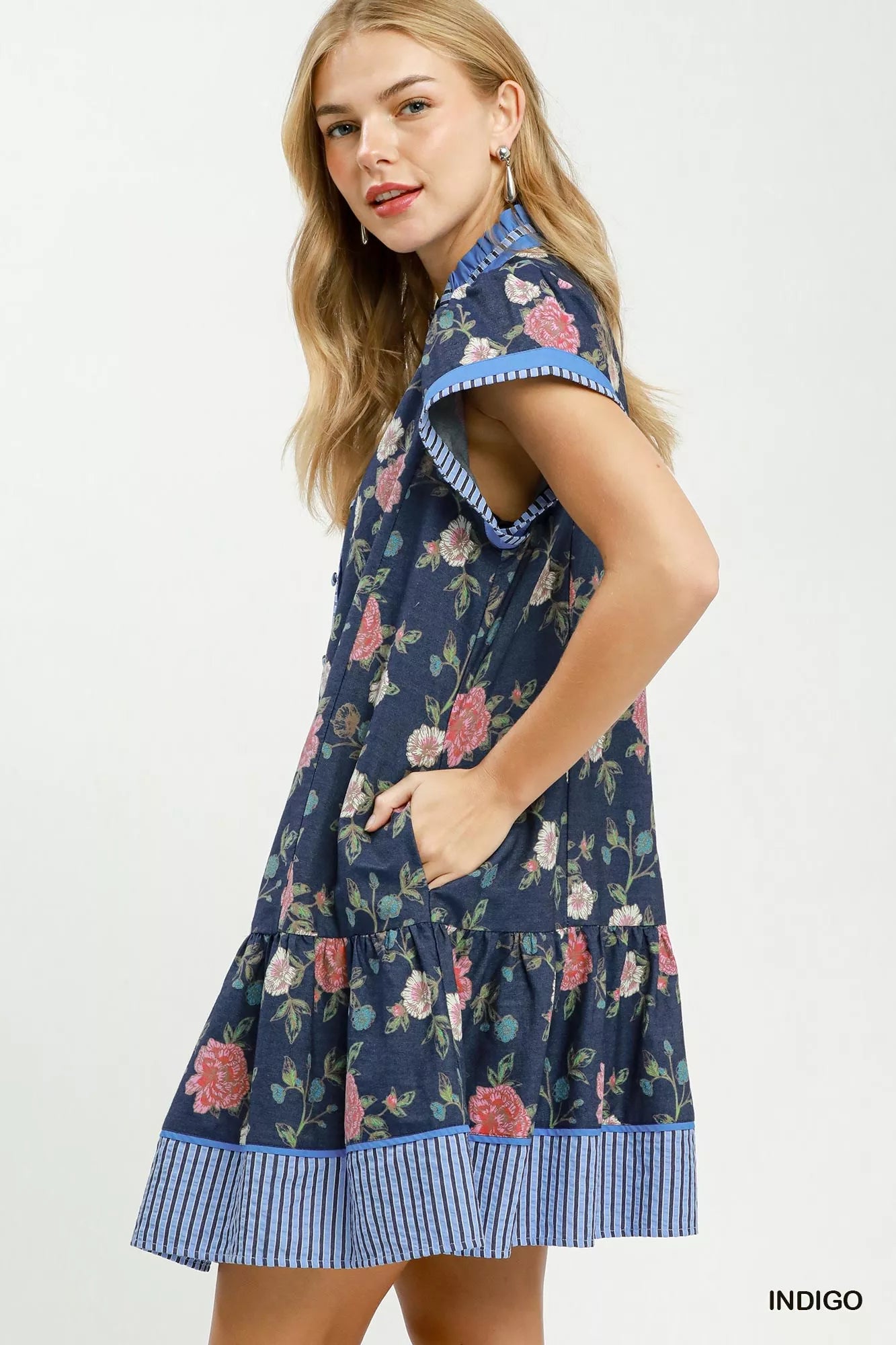 Umgee Floral Contrast Trim Ruffle Hem Mini Dress Secondary image