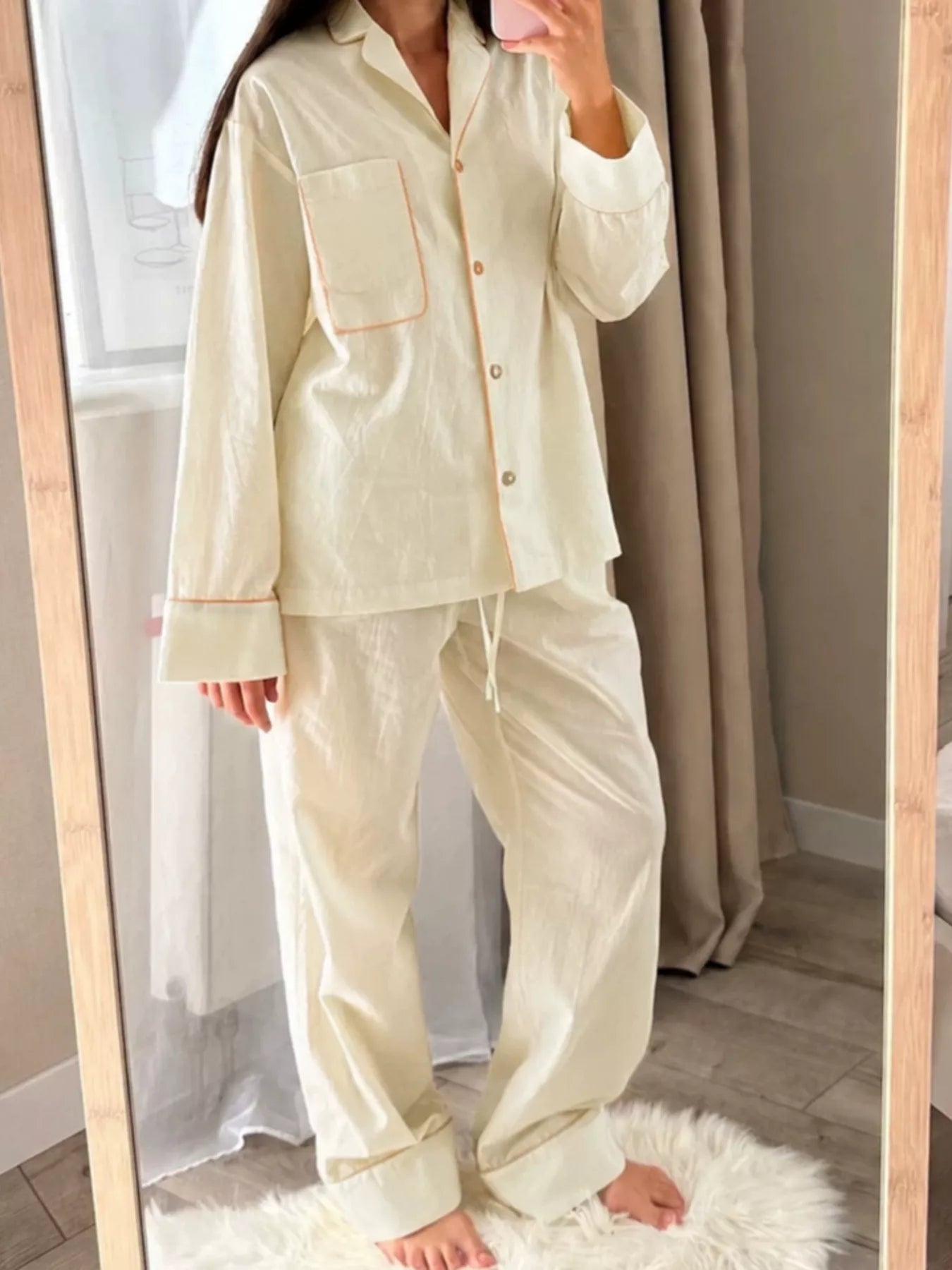 Contrast Trim Button-Down Top and Pants Lounge Set Secondary image