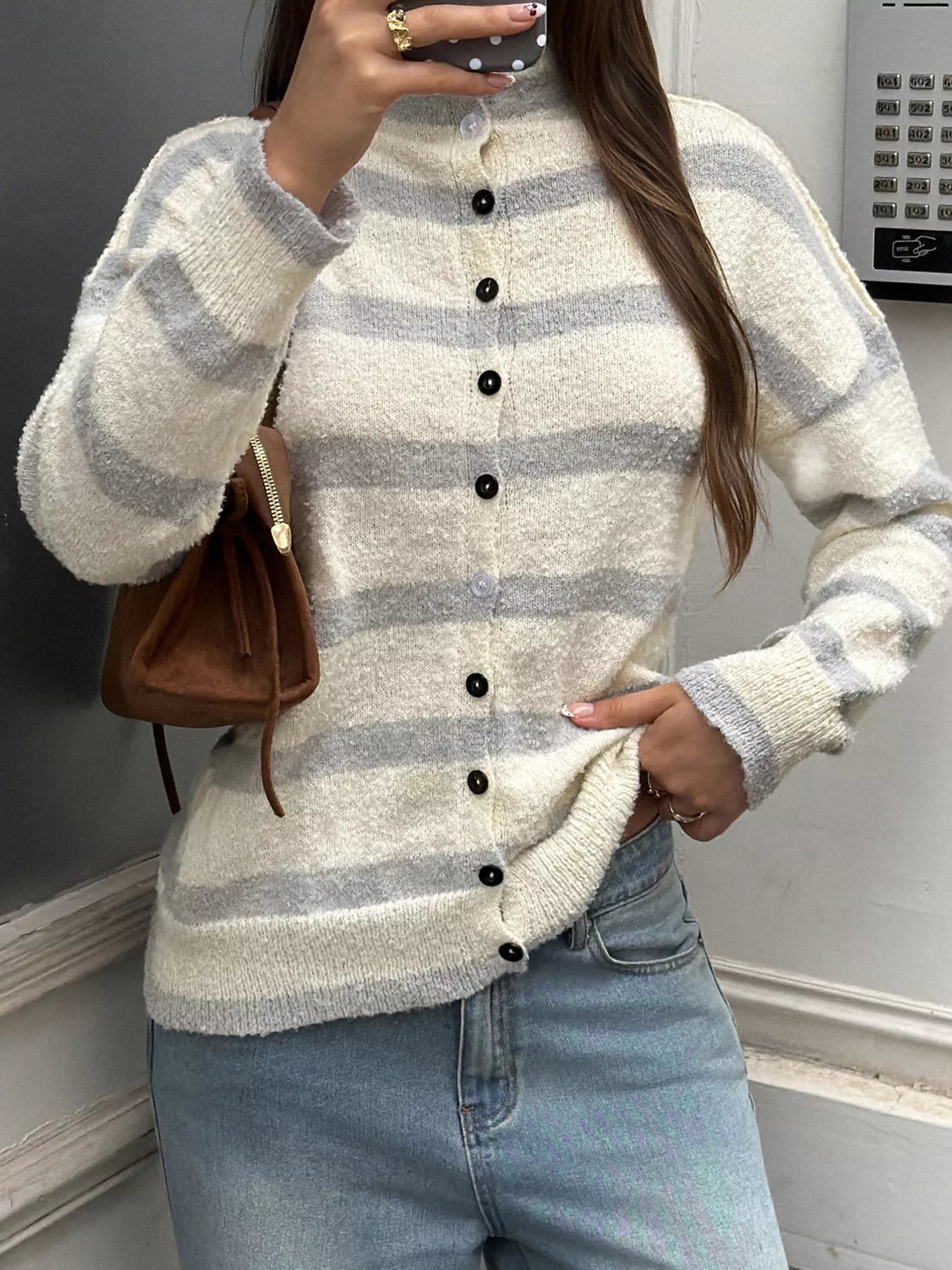 Striped Mock Neck Button-Down Textured Cardigan Secondary image