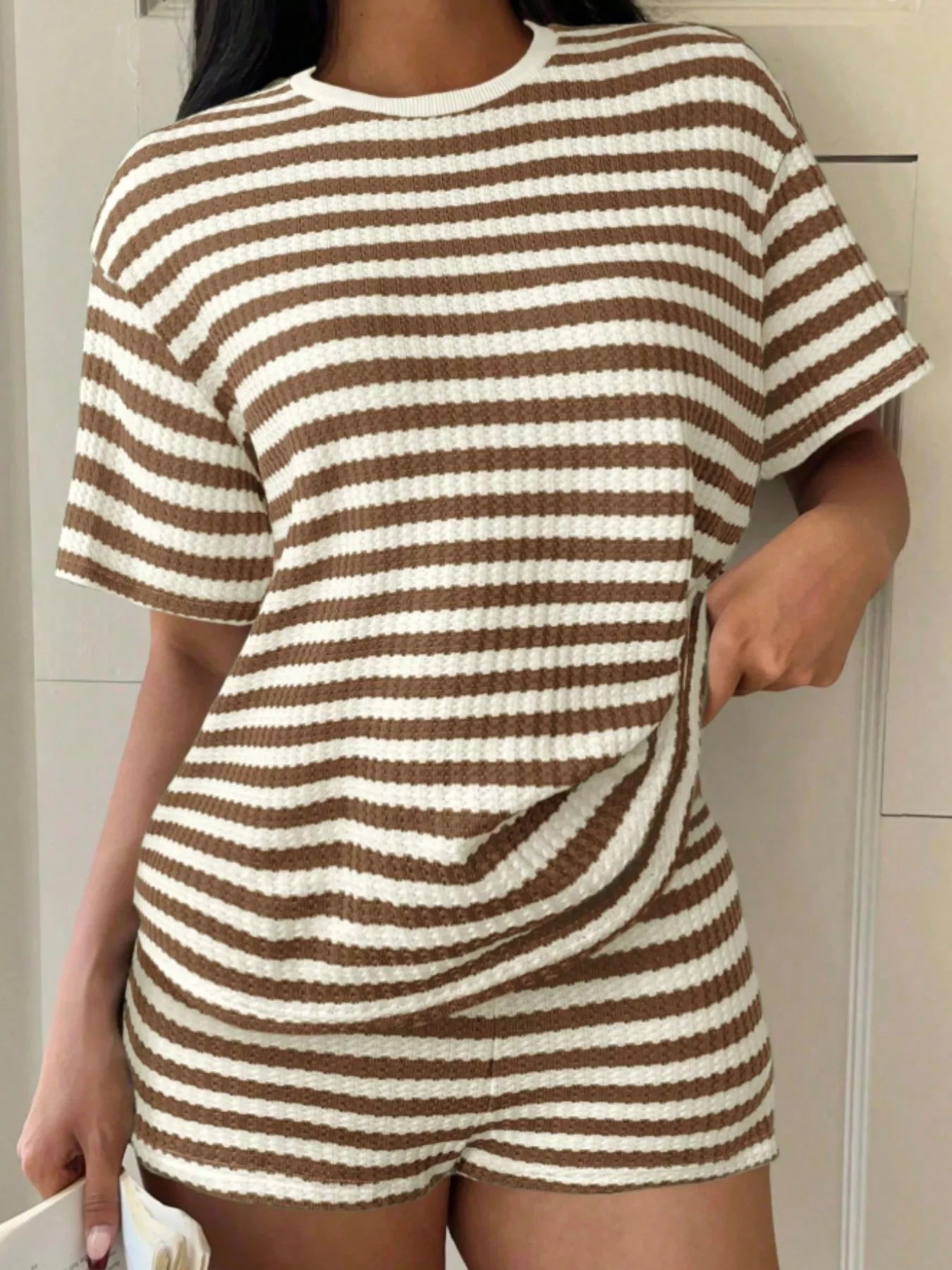 Striped Round Neck Top and Shorts Set Secondary image