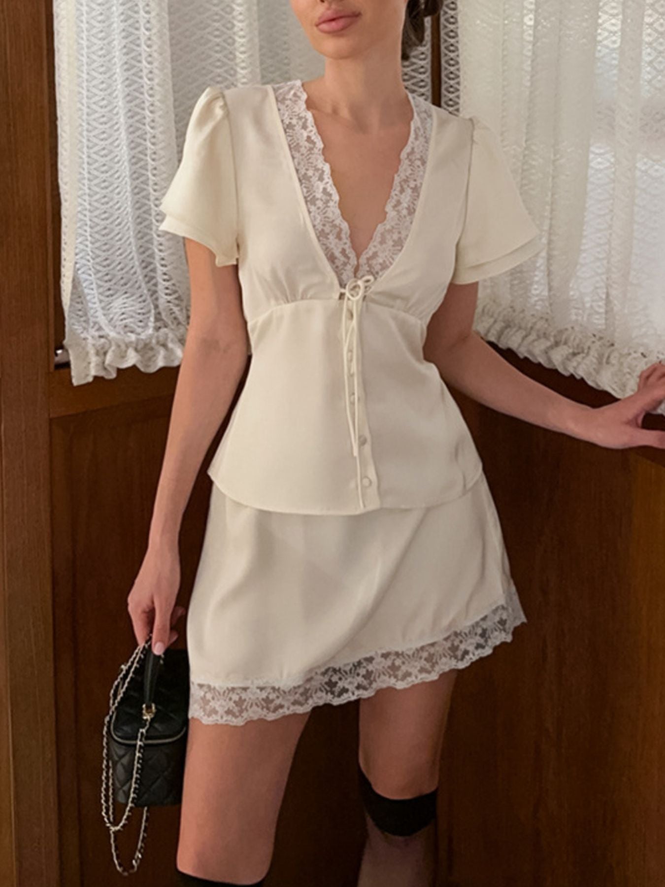 Lace Trimmed Top and Skirt Two-Piece Set Secondary image