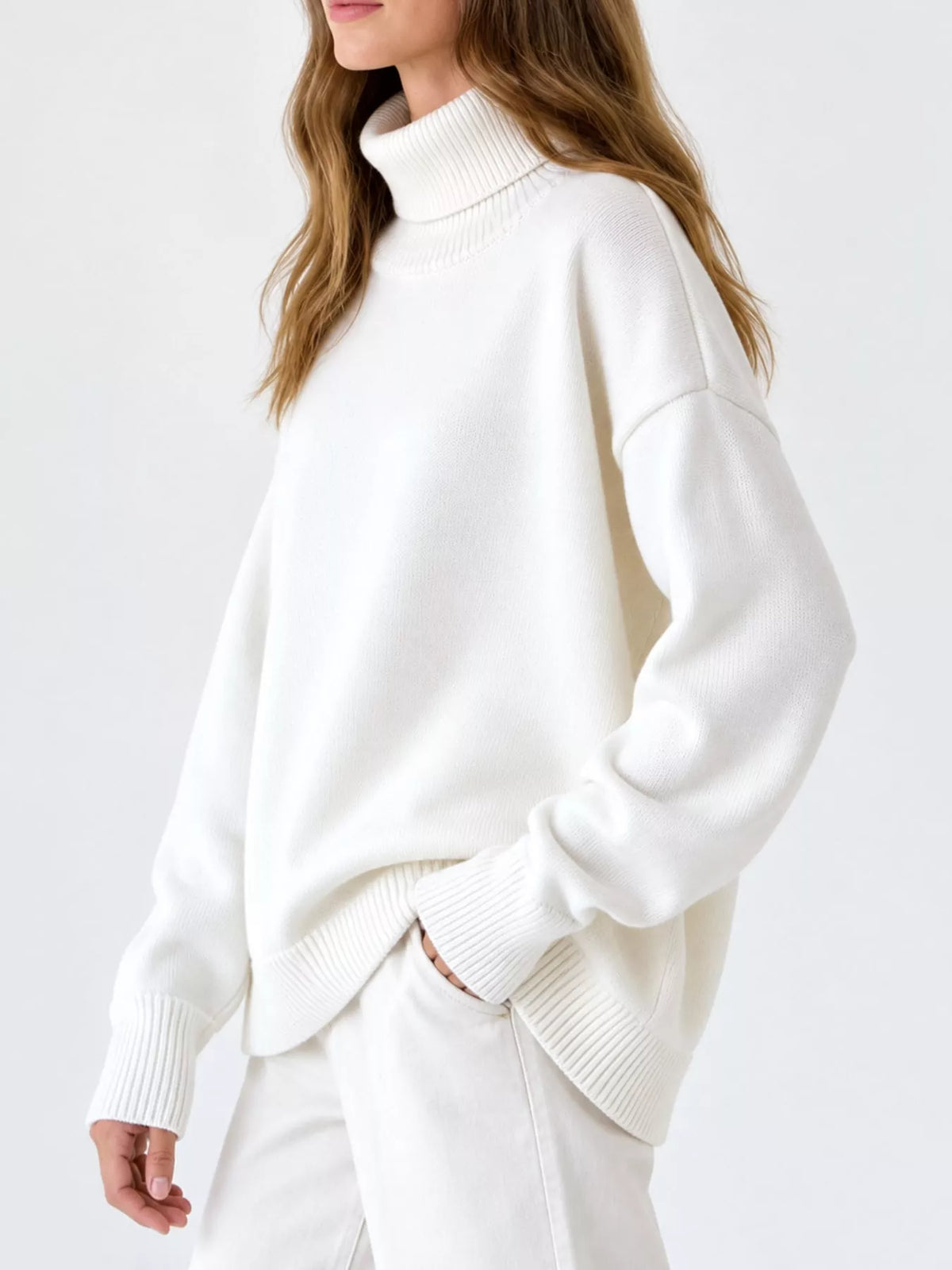 Women's Oversized Ribbed Turtleneck Sweater – Dropped Shoulder Relaxed Fit - photo 3