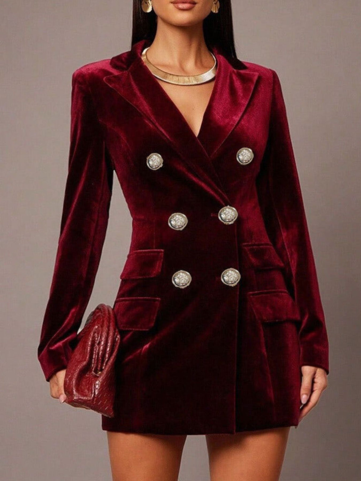 Velvet Double-Breasted Blazer Dress – Wine Red / Dark Green - photo 5