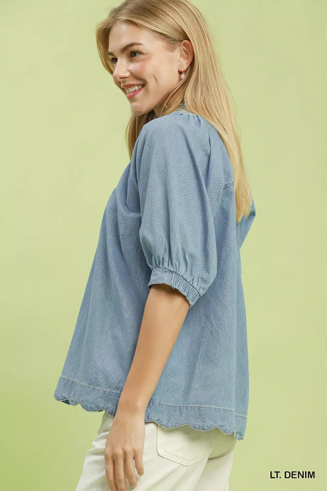 Umgee Textured Puff Sleeve Scallop Hem Blouse Secondary image