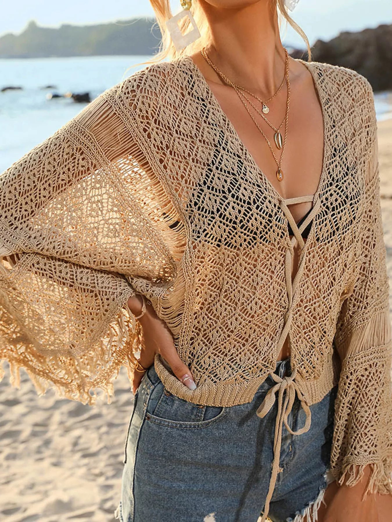 Crochet Knit Tie Front Cover-Up Secondary image