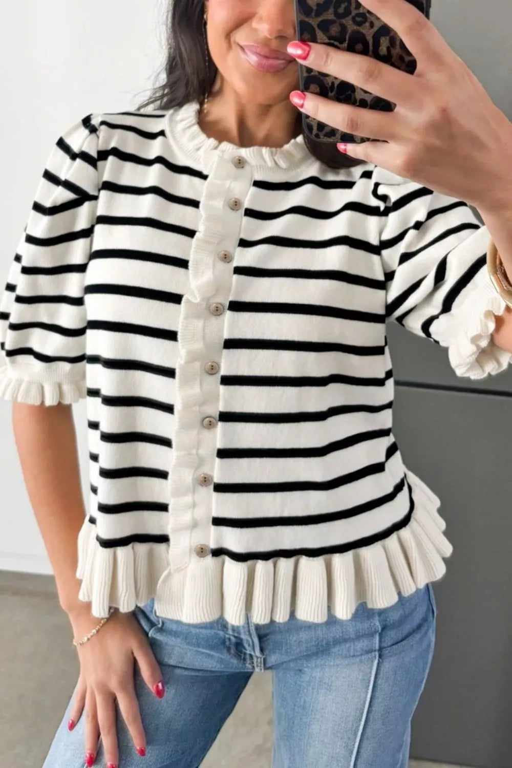 Stripe Ruffle Trim Button Down Knit Short Sleeve Sweater Cardigan Secondary image