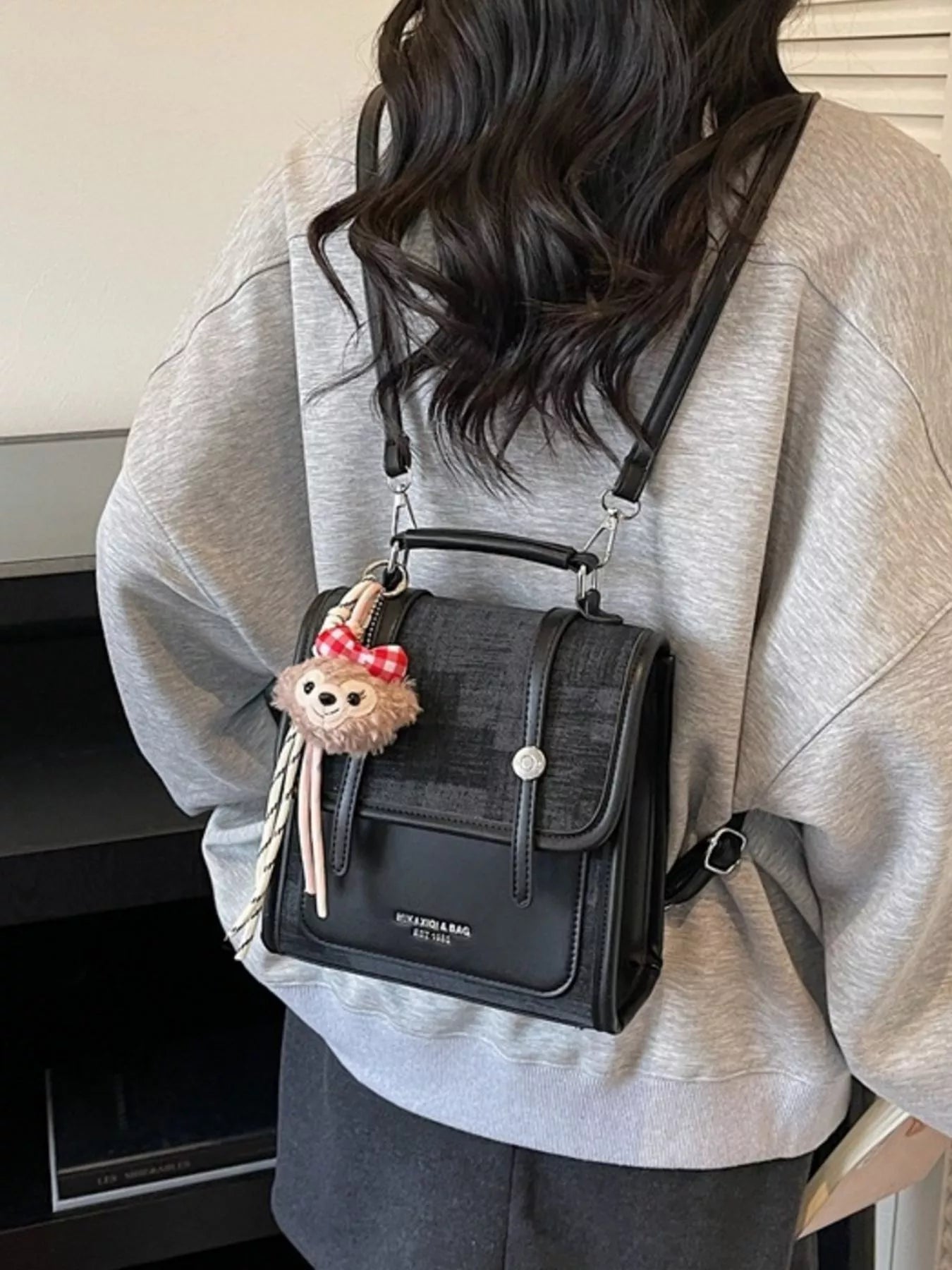 Flap Backpack Bag with Plush Charm Secondary image