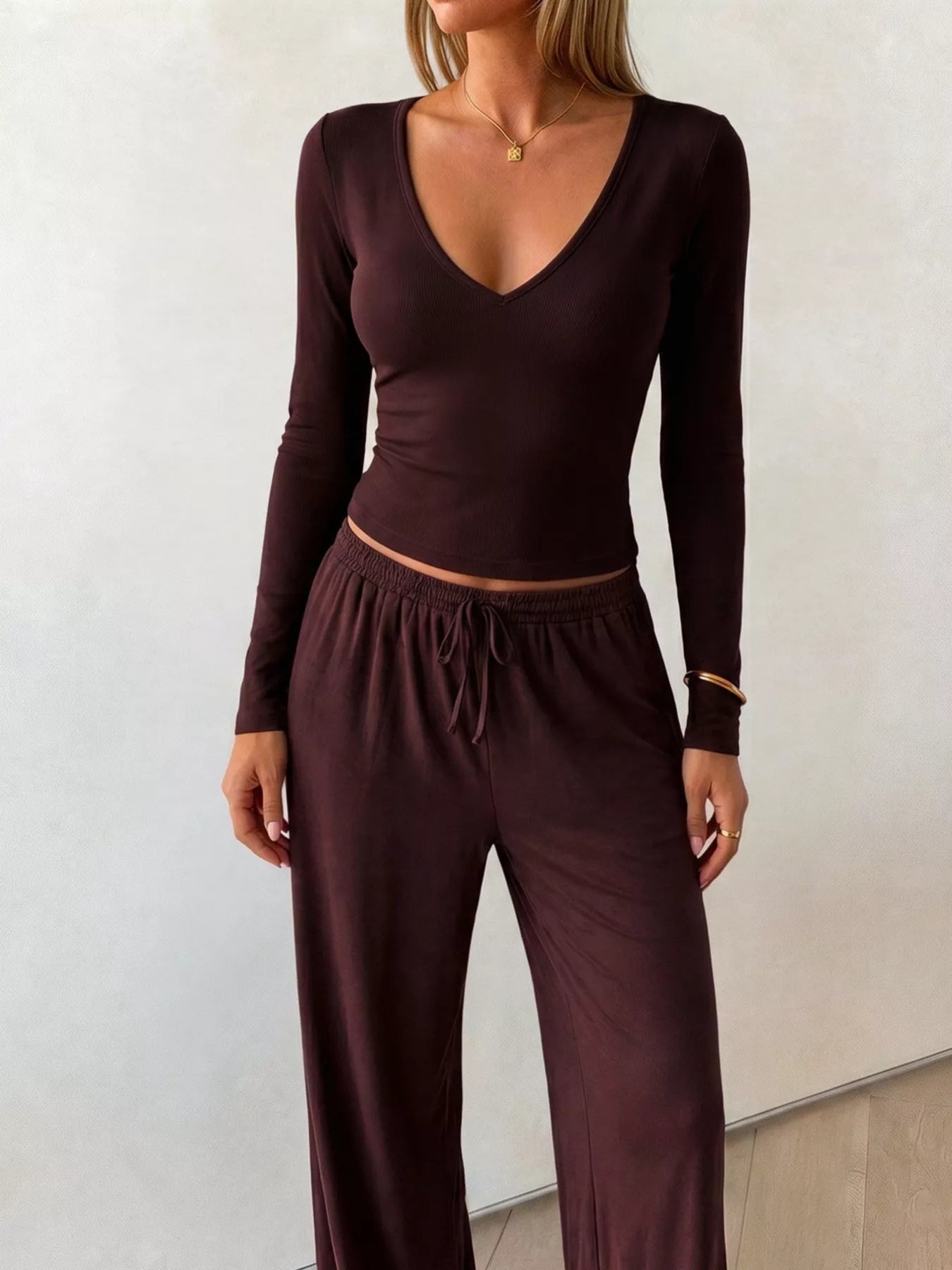V-Neck Long Sleeve Top and Wide-Leg Pants Set Secondary image
