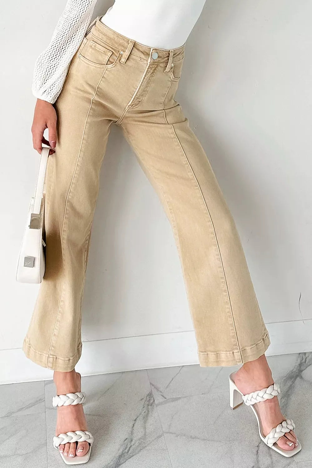 Solid Color Seamed Center Wide Leg Cropped Jeans Secondary image