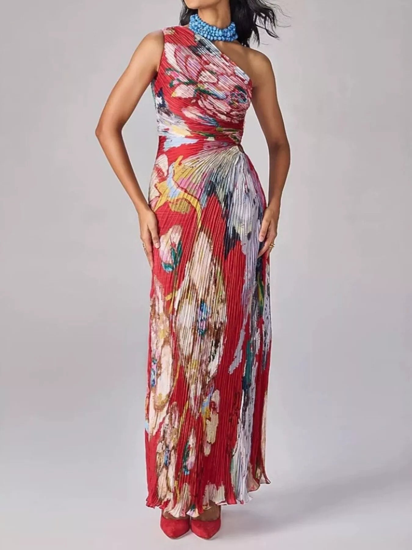 One-Shoulder Pleated Floral Maxi Dress Secondary image