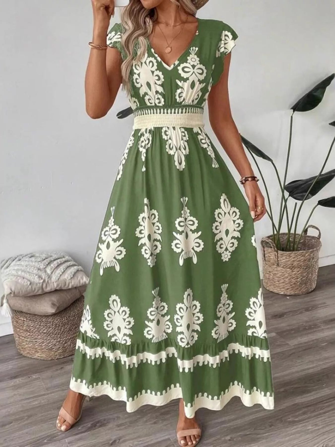 Printed V-Neck Ruffled Cap Sleeve Dress Secondary image