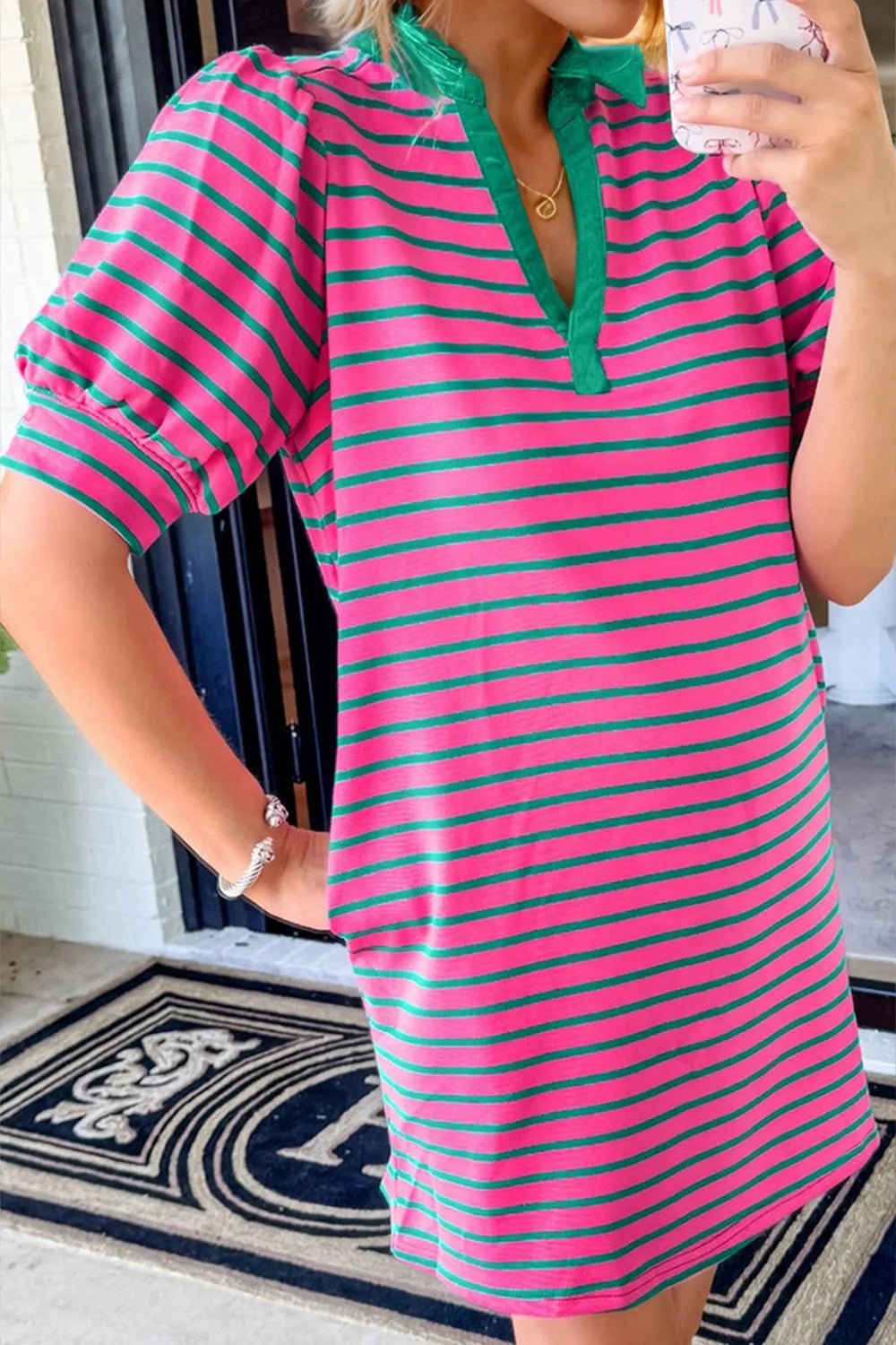 Oh Striped Johnny Collar Puff Sleeve Mini Tee Dress Secondary image