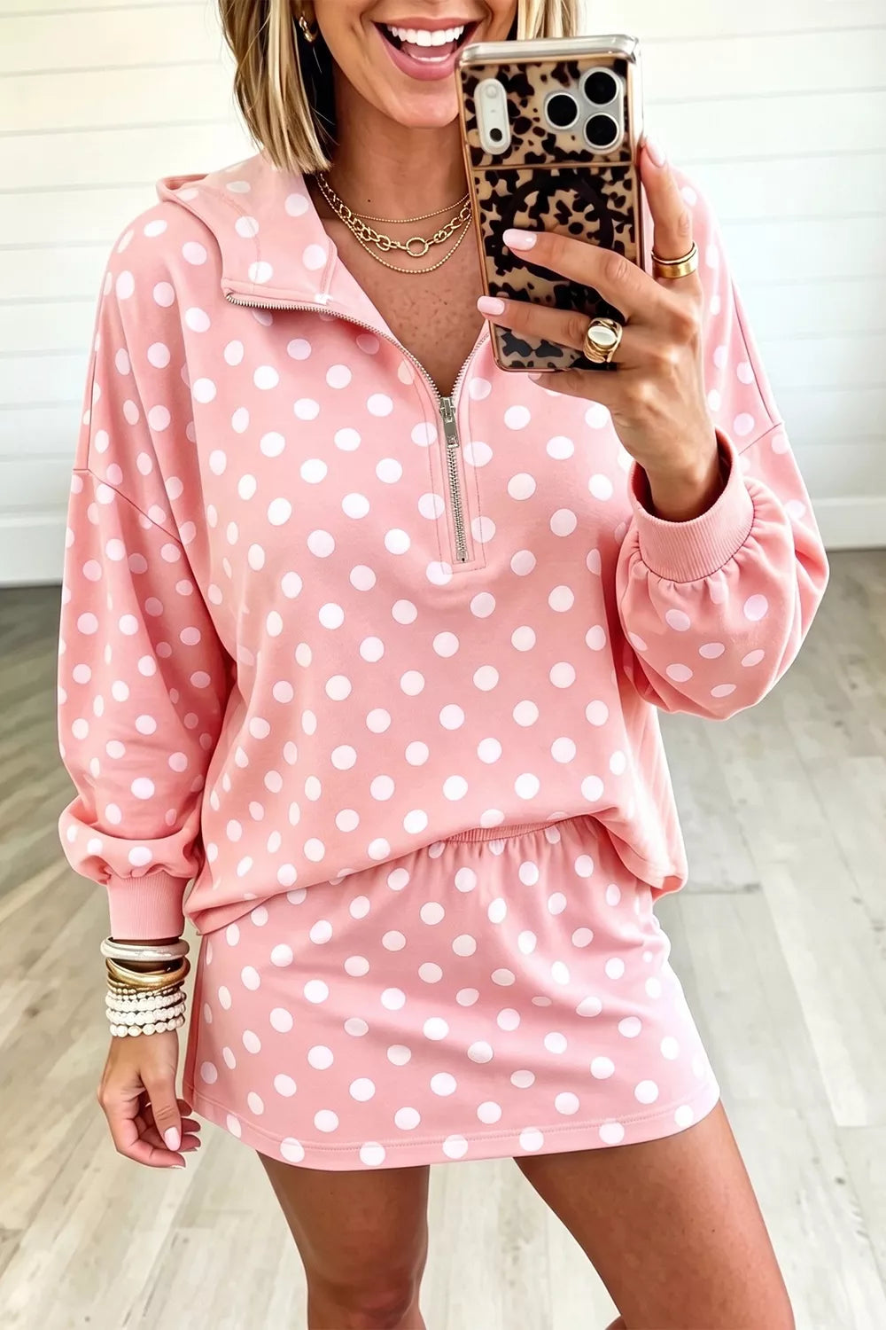 Polka Dot Quarter Zip Sweatshirt and Shorts Set Secondary image