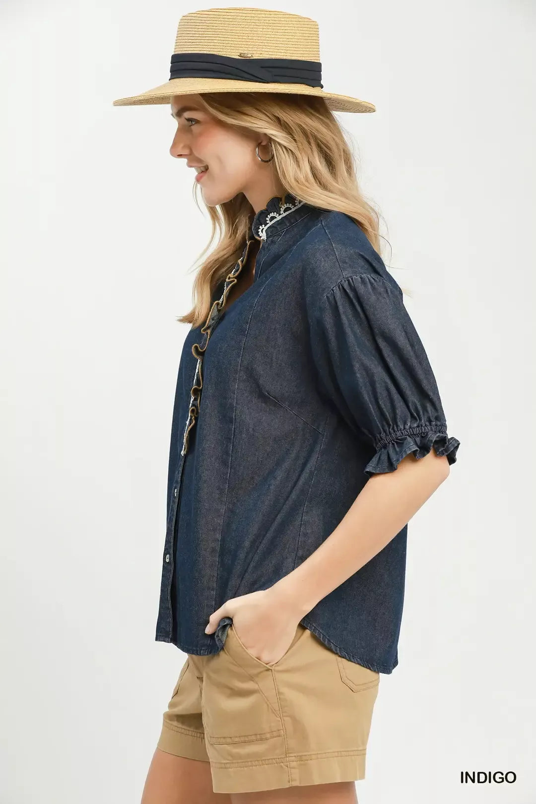 Umgee Chambray Scalloped Trim Button Front Blouse Secondary image