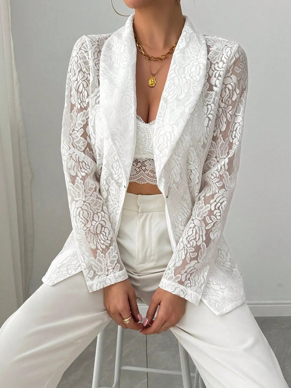 Lace Lapel Collar Long Sleeve Blazer - photo 3