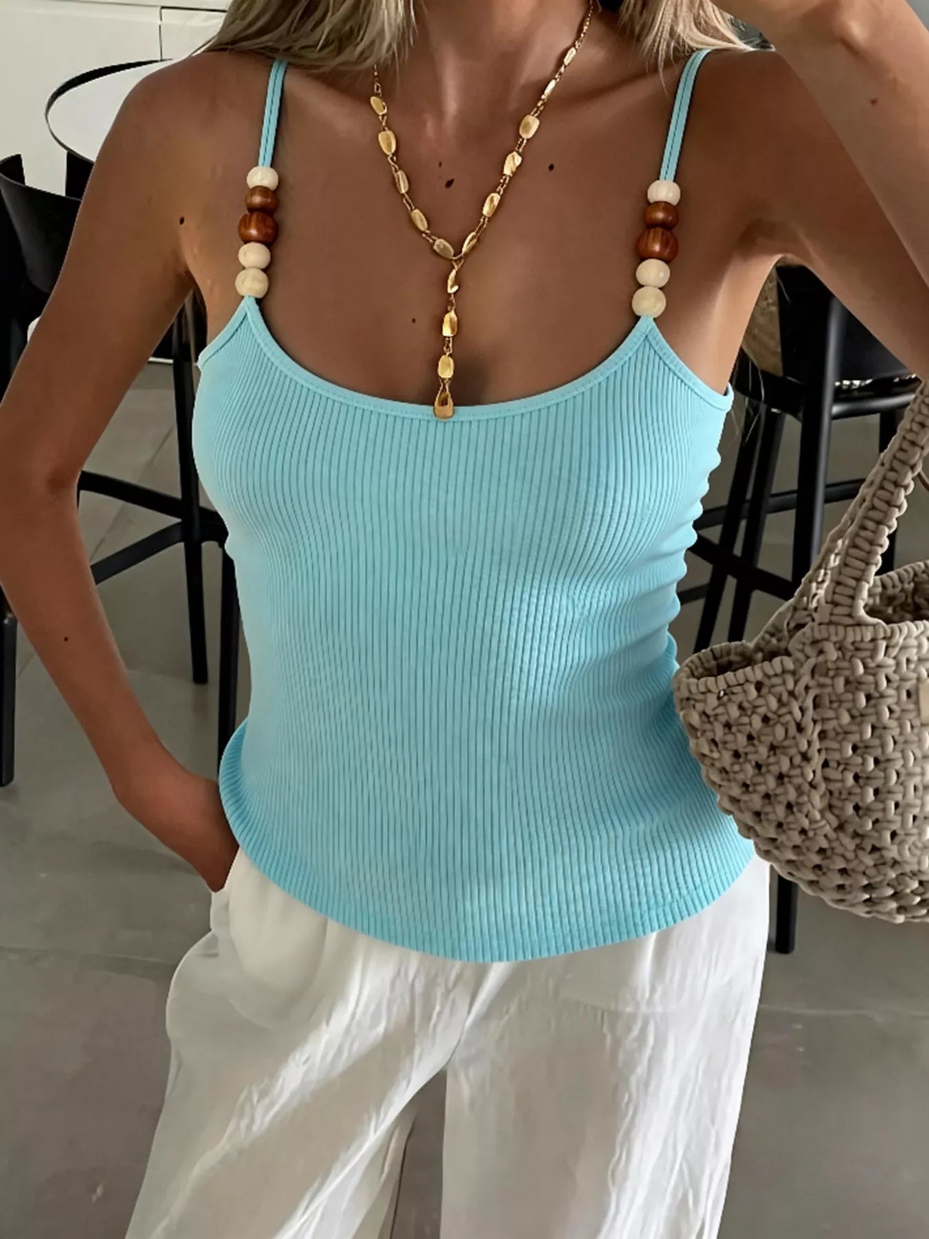Ribbed Knit Cami with Beaded Straps Secondary image