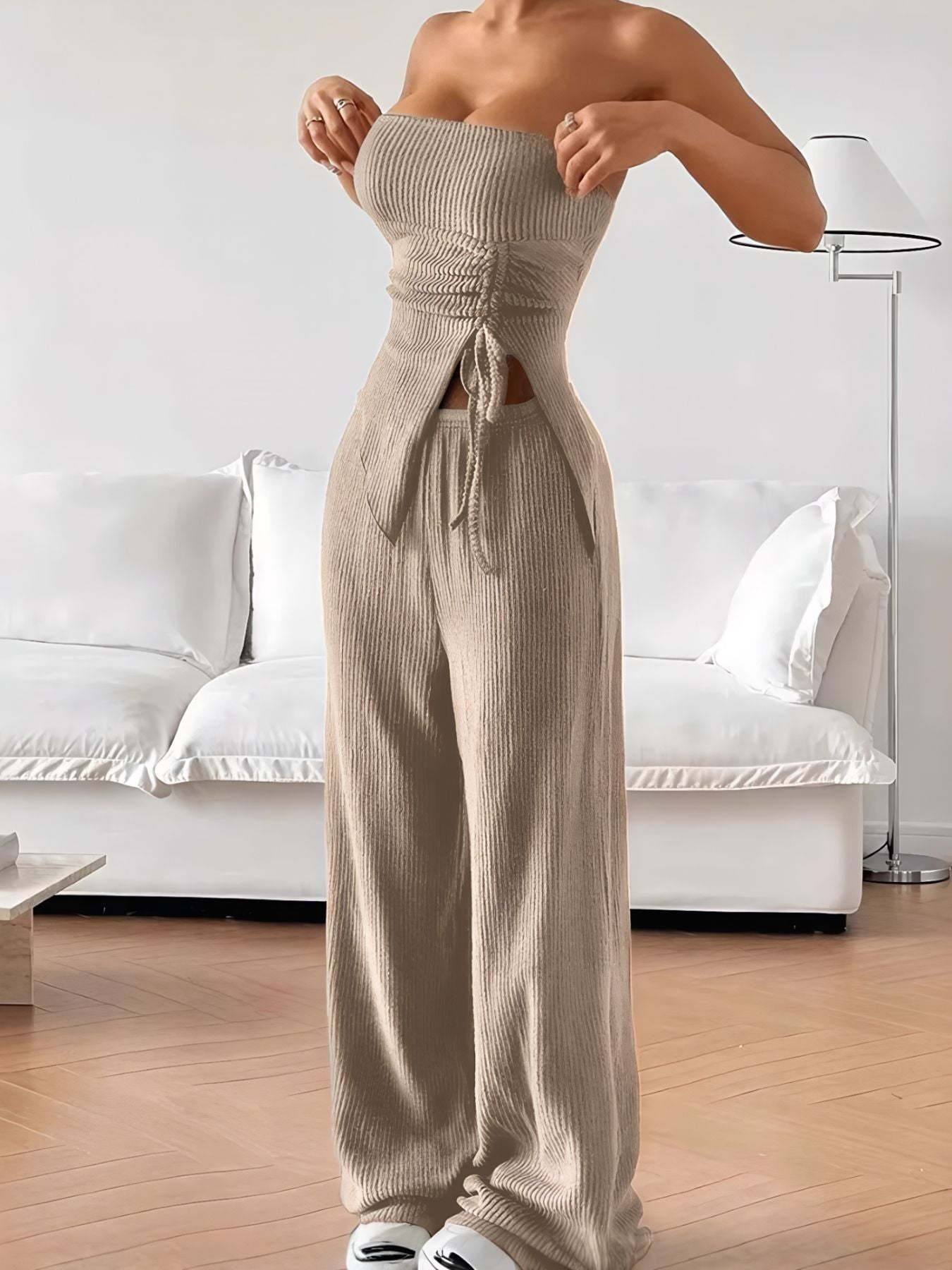 Ribbed Knit Tube Top and Wide Leg Pants Set Secondary image