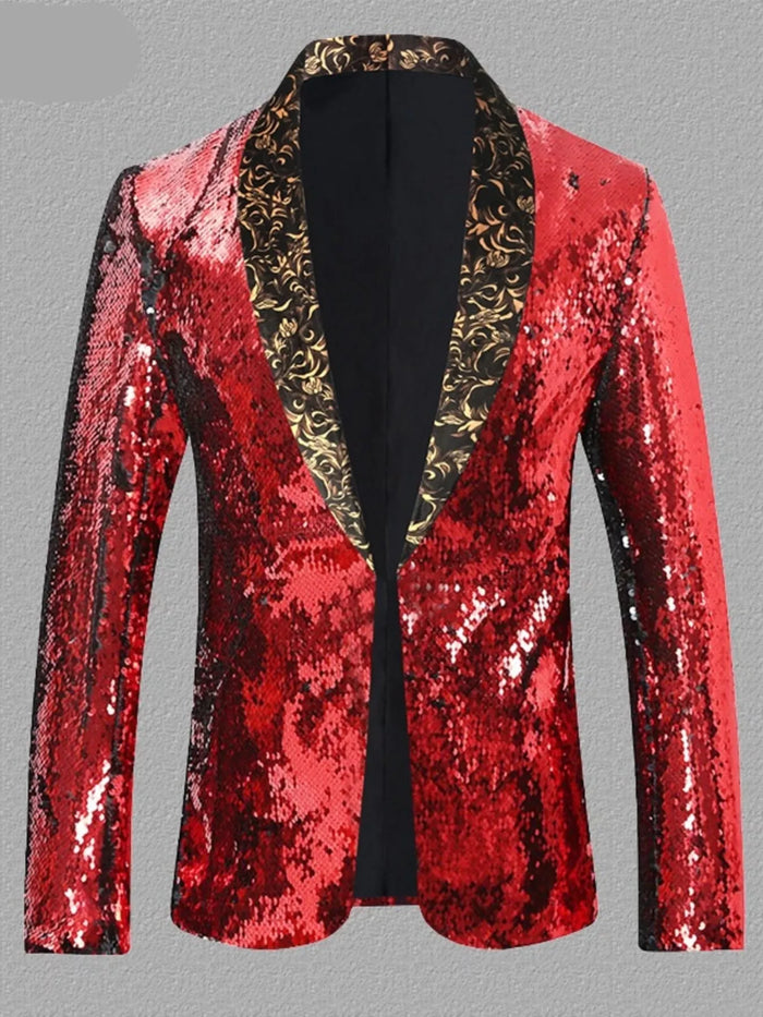 Men's Sequin Long Sleeve Blazer – Black Silver / Black And Red